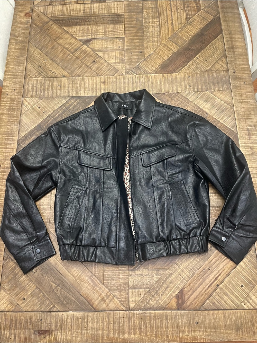 CIDER Faux Leather Cropped Bomber Jacket with Leopard Lining - Black, Size L